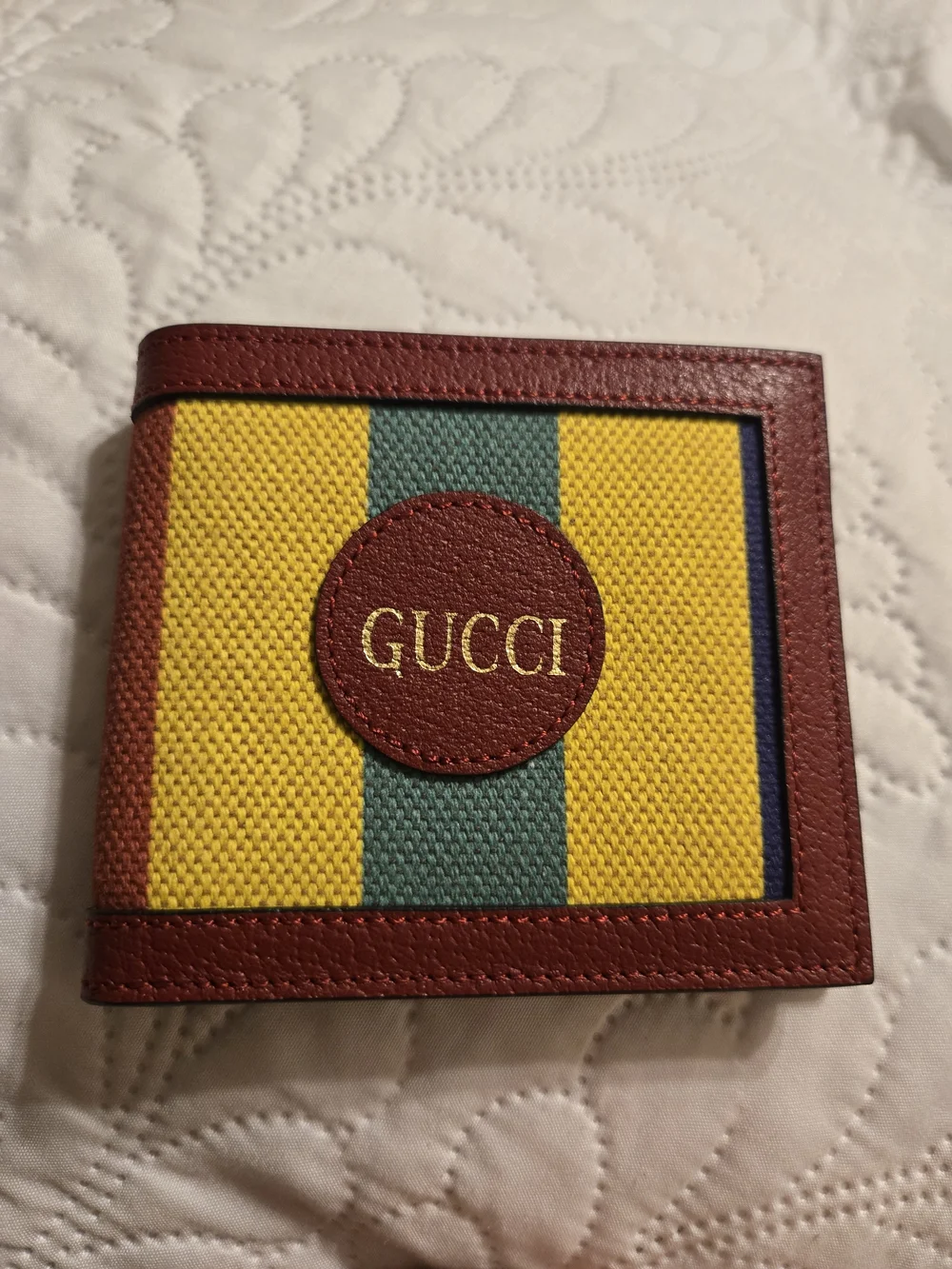 Gucci Red Yellow Green Stripe Canvas Bi-Fold Wallet